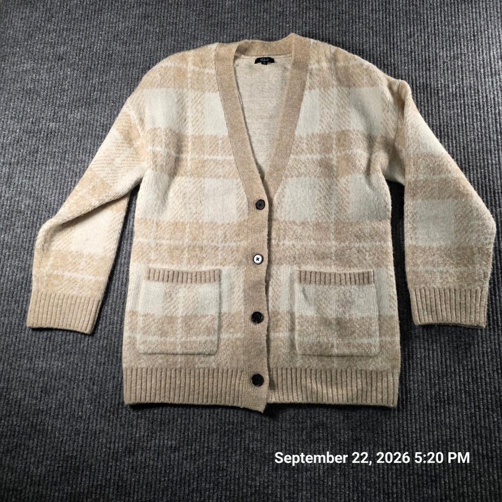 Rails Womens XS Plaid Cardigan Sweater Beige Cream Oversized V-Neck Knit Pockets